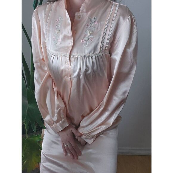 80s Satin Long Nightgown Vintage Floral Embroidery Puff Sleeve Peach L - Picture 4 of 6